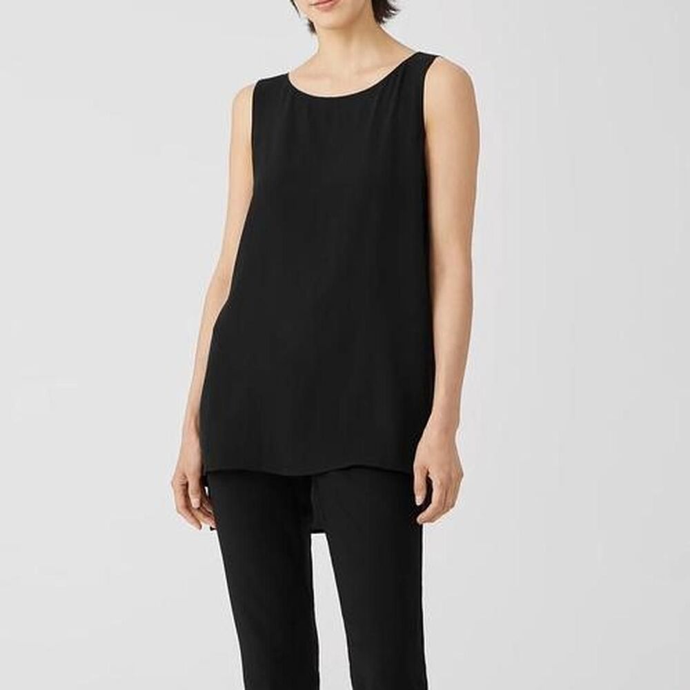 Eileen Fisher Black Silk Georgette Crepe Tank Top - Large - Like New